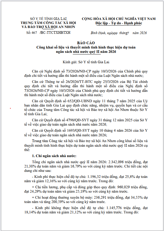 Báo cáo Công khai số liệu và thuyết minh tình hình thực hiện dự toán ngân sách nhà nước quý II năm 2026