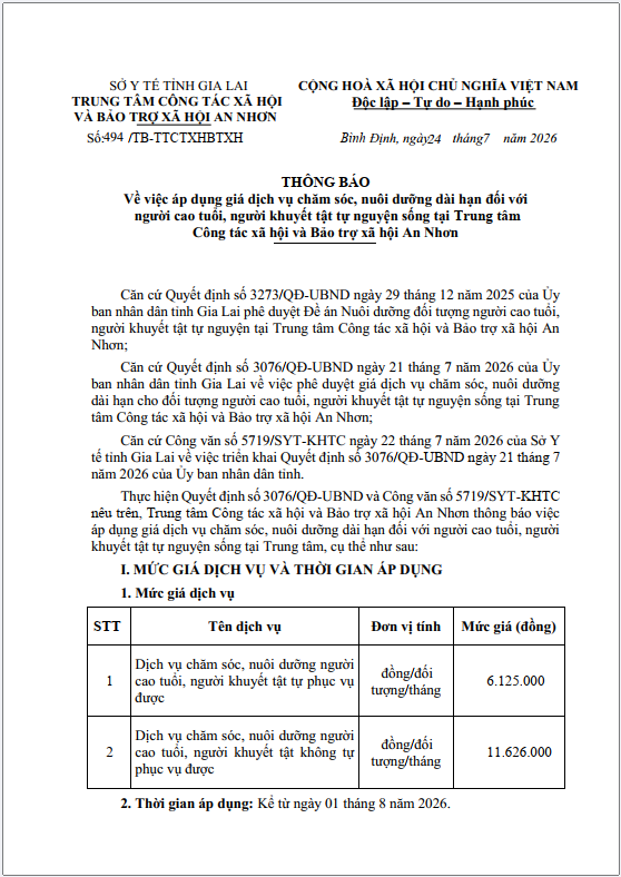 Thông báo về việc áp dụng giá dịch vụ chăm sóc, nuôi dưỡng dài hạn đối với người cao tuổi, người khuyết tật tự nguyện sống tại Trung tâm Công tác xã hội và Bảo trợ xã hội An Nhơn