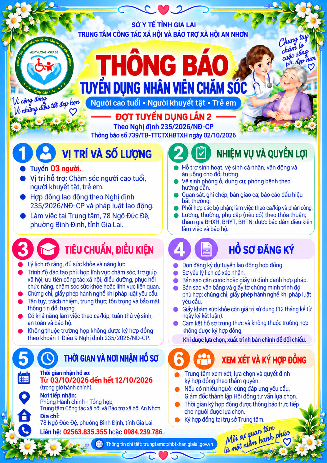 Thông báo về việc tuyển dụng lao động hợp đồng vị trí Chăm sóc người cao tuổi, người khuyết tật, trẻ em. (lần 2)